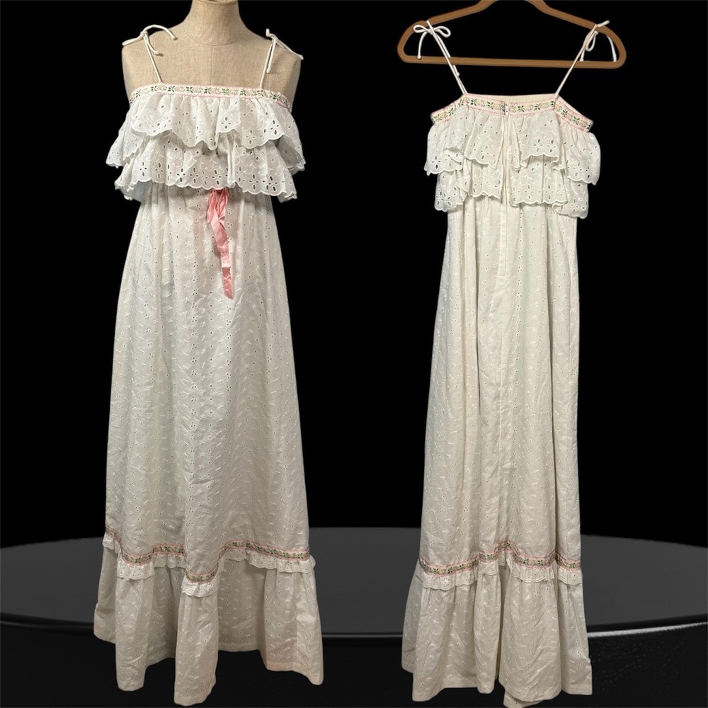 70s Vicky Vaughn XS White Ruffle Maxi Dress Eyelet Cottage Boho Prairie Hippie